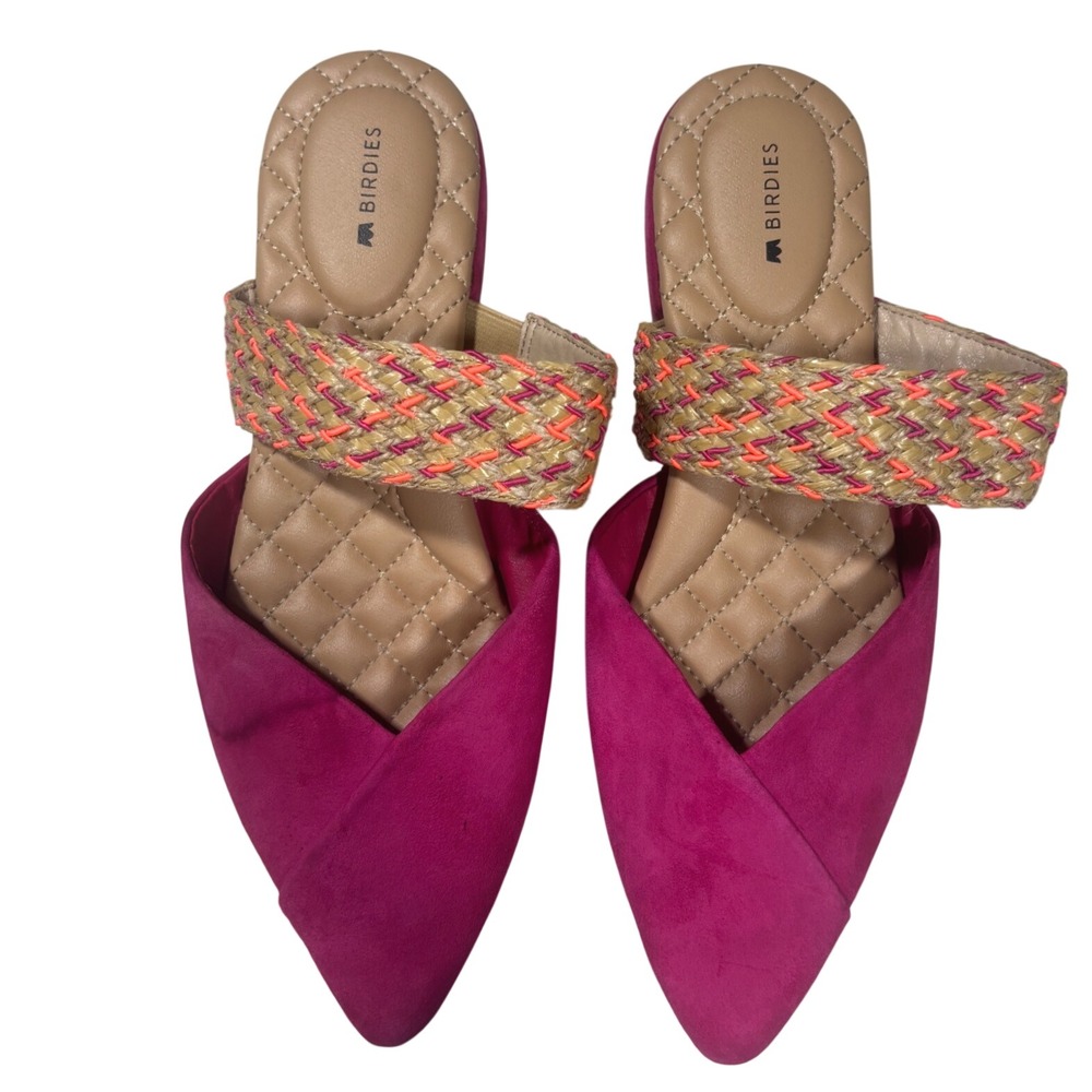 Birdies Preppy Magenta Pink Suede Pointed Toe Mules with Woven Strap Womens Sz 8